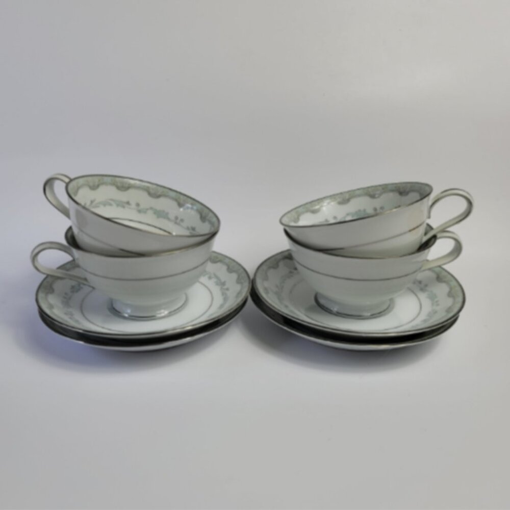 FOUR Noritake Margaret 6243 Cup & Saucer Sets Green Leaves & Scrolls